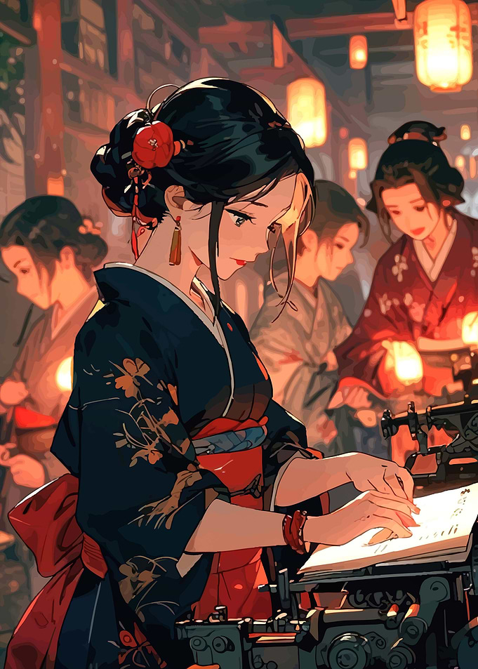 Woman in Kimono Typing