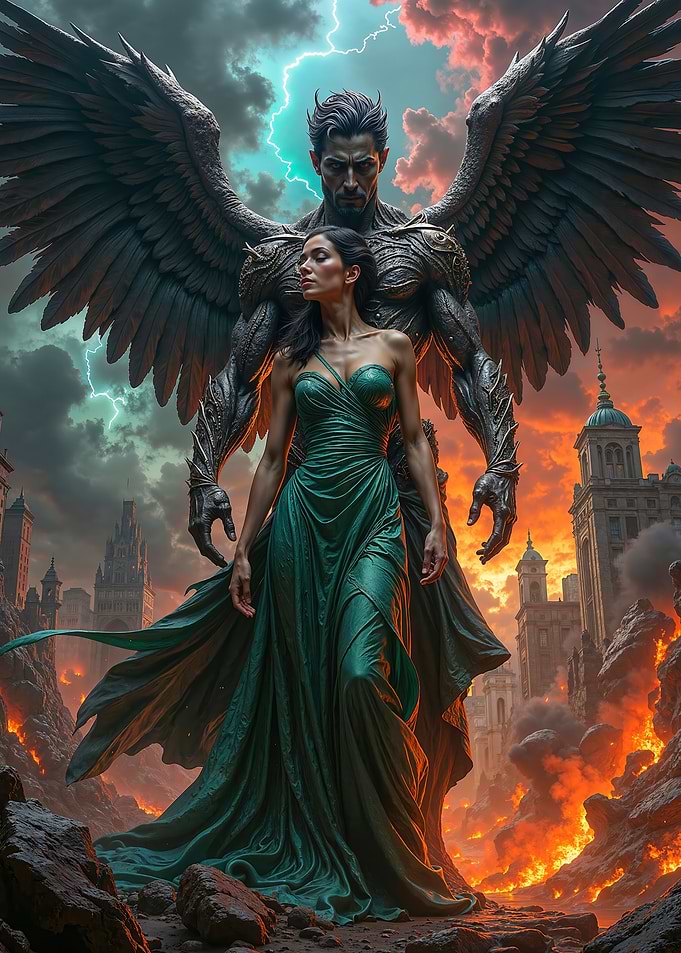 Dark Angel and Woman in a Burning City