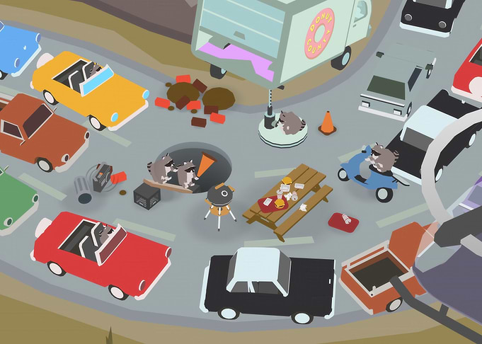 Raccoons in a chaotic car scene