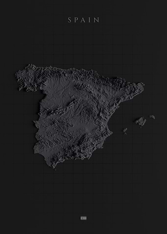 Spain Topographic Map - 3D Dark Shaded Relief Elevation Poster