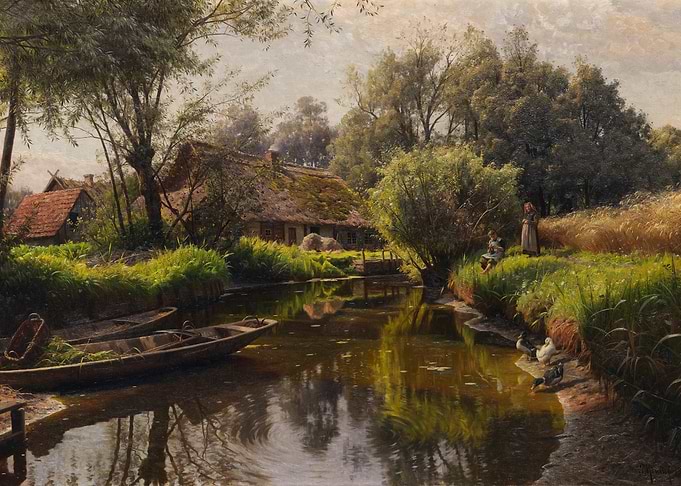 Idyllic Riverside Village Scene