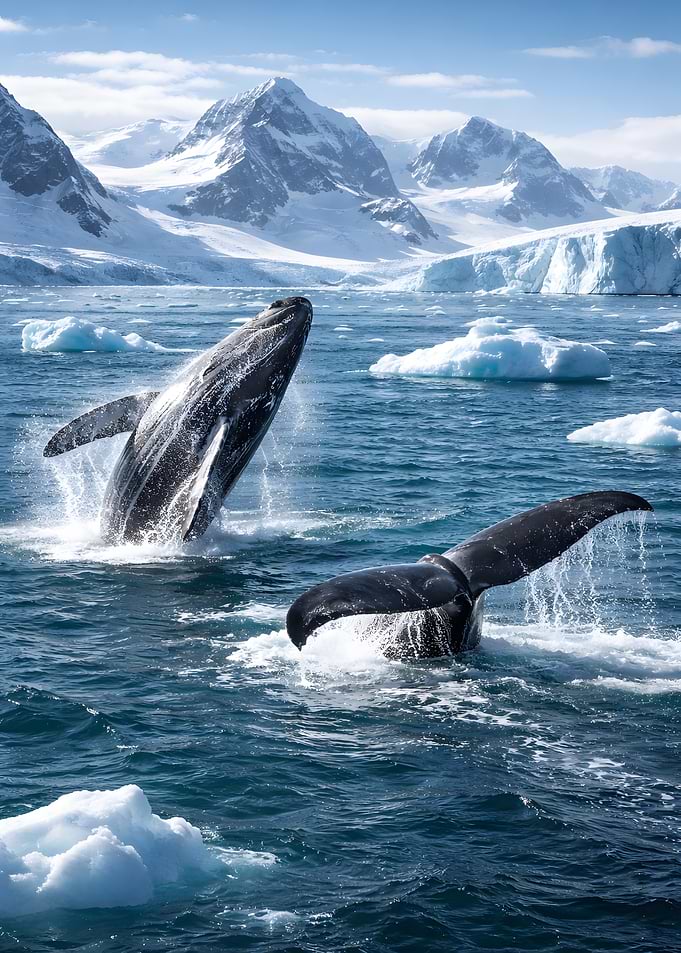 Whales breaching in Antarctic waters