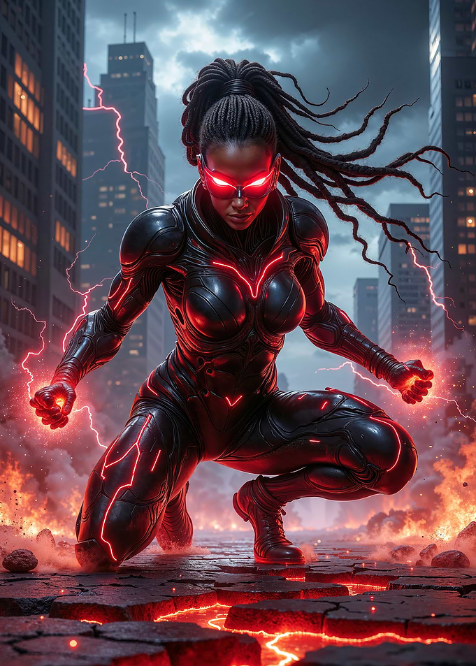 Cyberpunk Superheroine with glowing eyes and energy