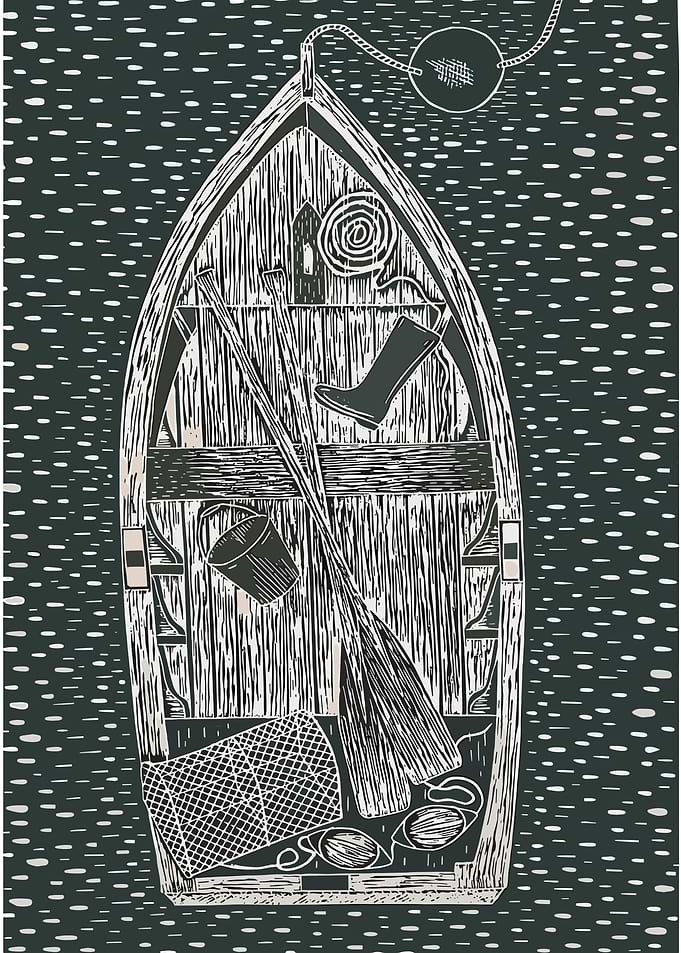 Boat with Oars and Fishing Gear