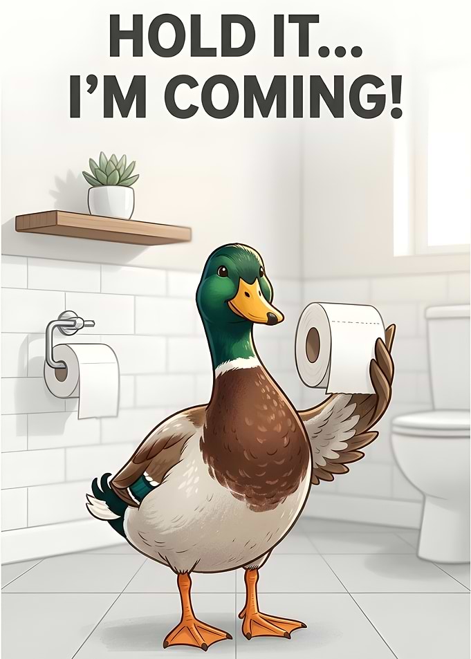 Duck holding toilet paper in bathroom