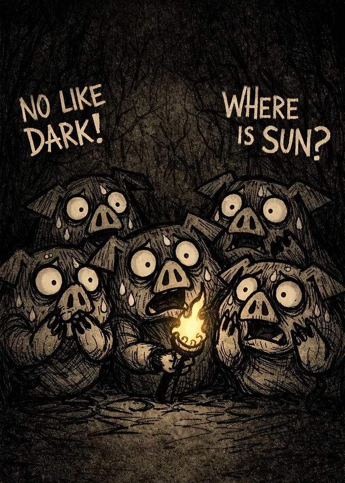 Scared pigs in the dark with a torch