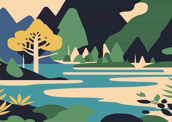 Stylized Landscape with River and Mountains