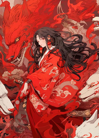 Woman in Red Kimono with Foxes