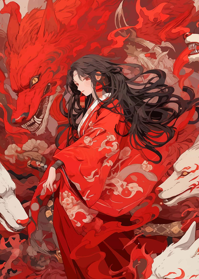 Woman in Red Kimono with Foxes