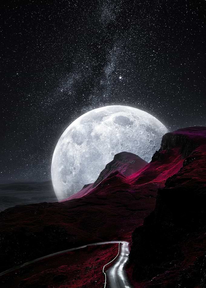 Surreal Moonlit Mountain Road