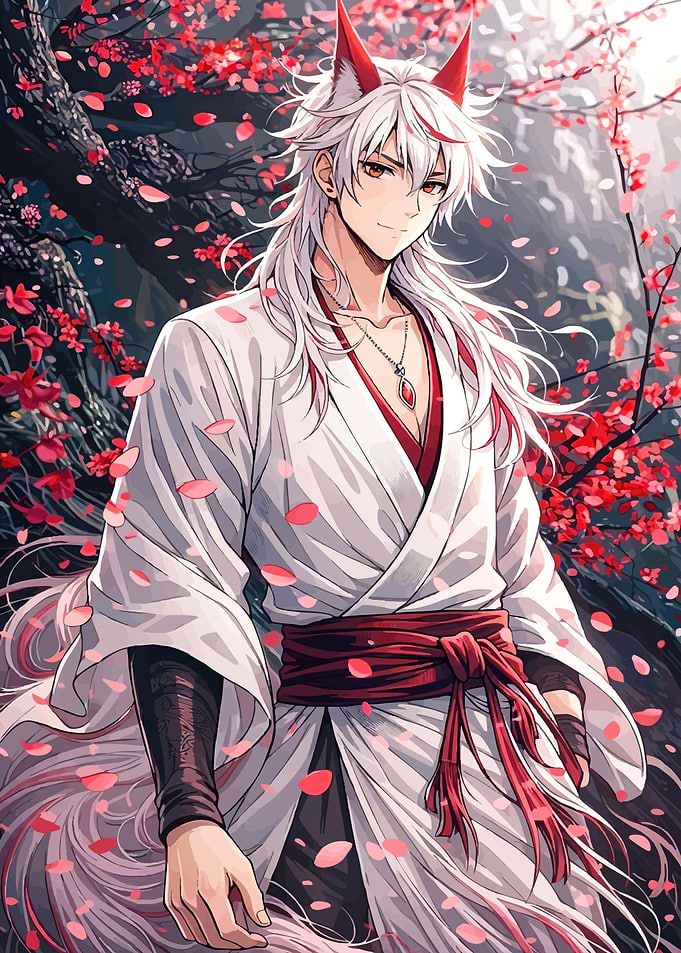 Anime Fox Boy in Cherry Blossoms