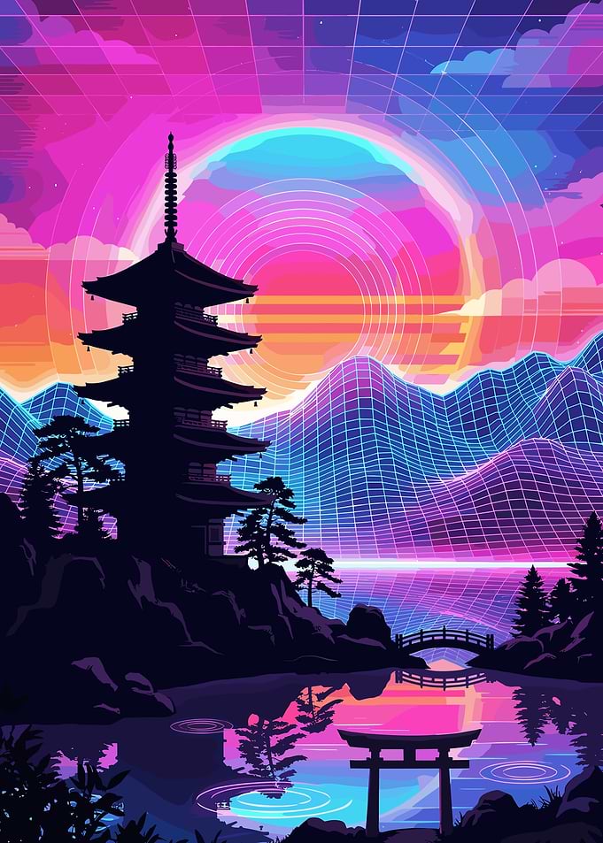 Retro Japanese Pagoda Landscape