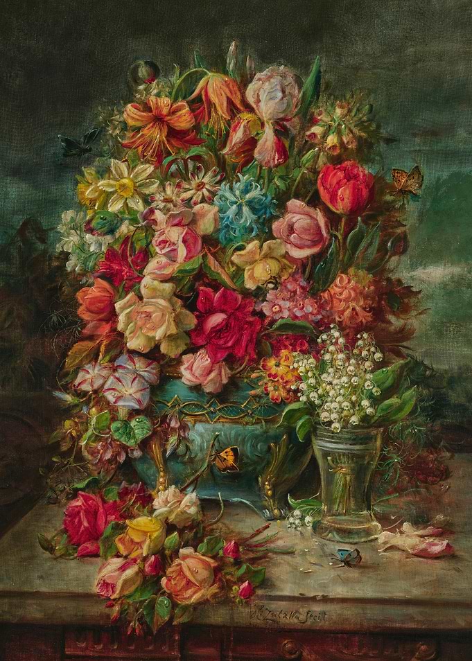Vibrant Floral Arrangement in a Teal Urn