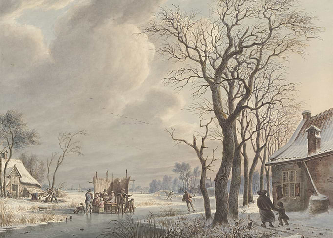 Winter Scene with Ice Skaters and Village