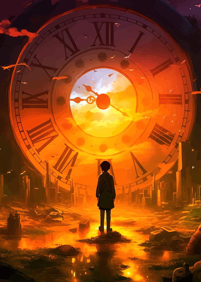 Anime character facing giant clock