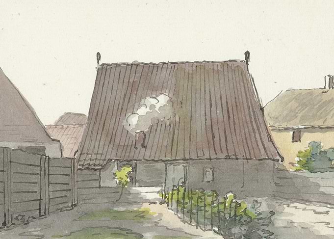 Watercolor painting of a rural village scene