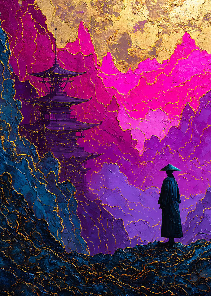 Lone Samurai Overlooking Purple Pagoda