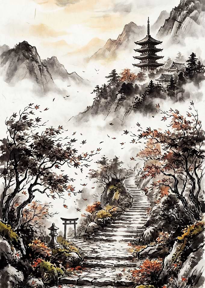 Japanese Mountain Pagoda and Torii Gate