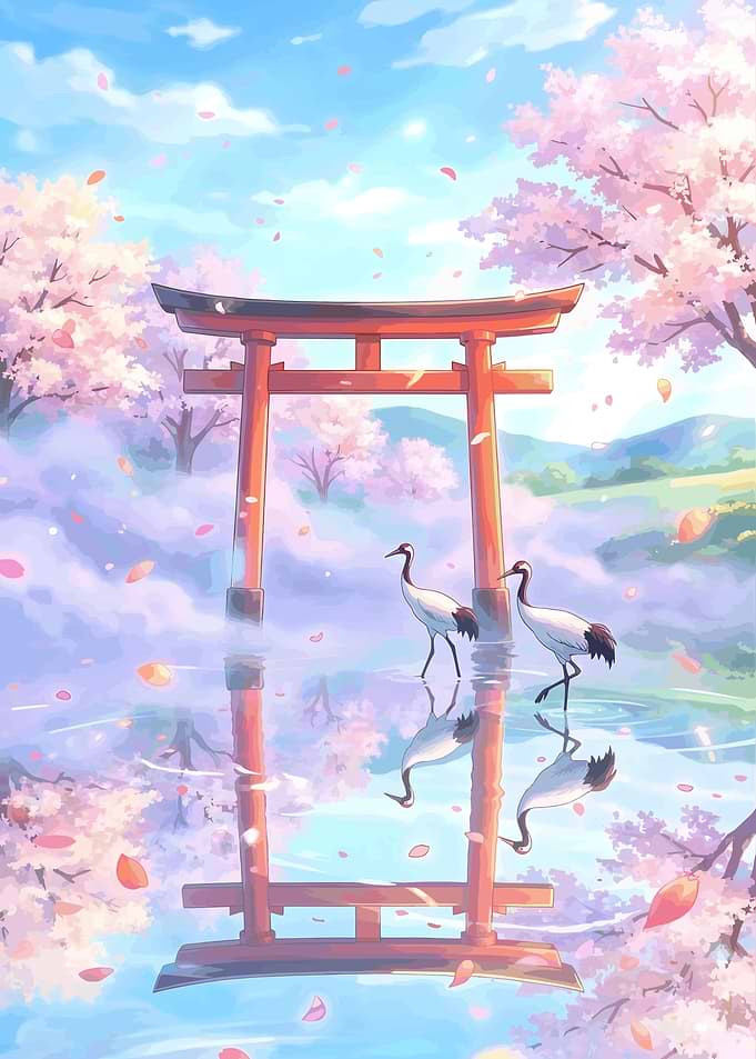 Torii Gate Crane Sakura Japanese Spring