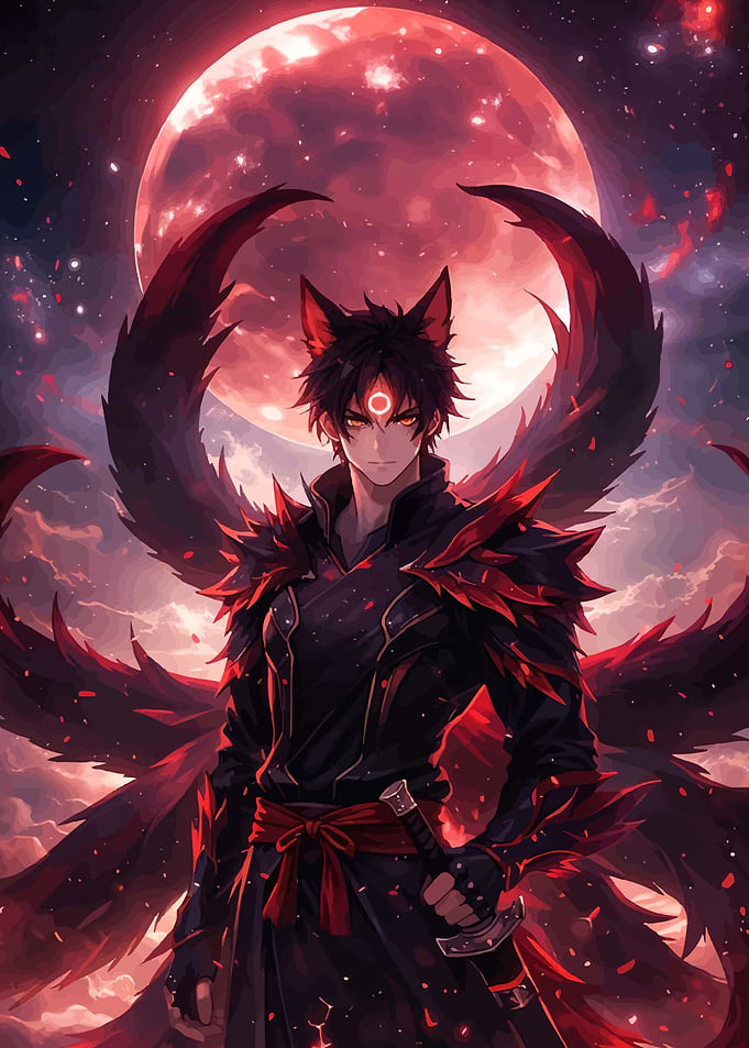 Anime Fox Demon with Red Moon