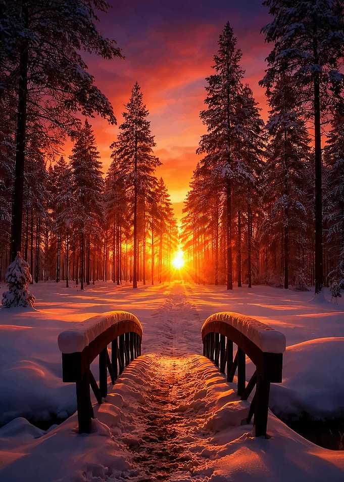 Winter Forest Sunrise Over Snow Bridge