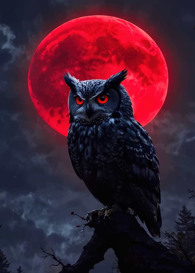 Owl with Red Moon