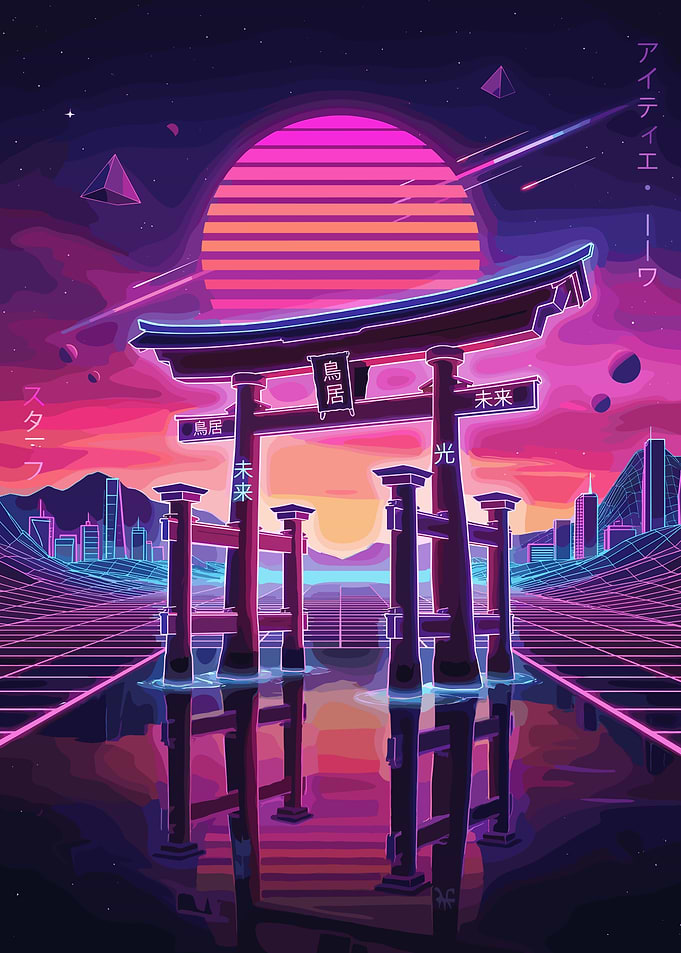 Retro Japanese Torii Gate Sunset