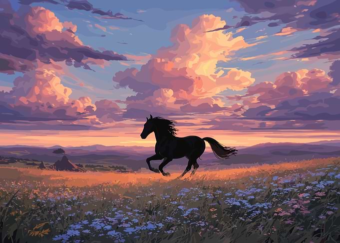 Black Horse Running Through a Field at Sunset