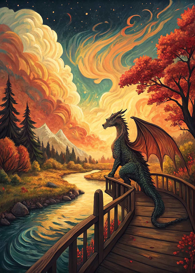 Dragon on a bridge overlooking a river