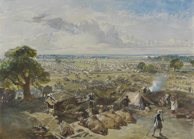 Military Camp Scene with Camels and Tents