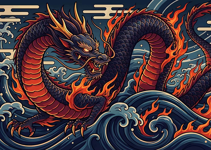 Fire Dragon Ocean Wave Japanese