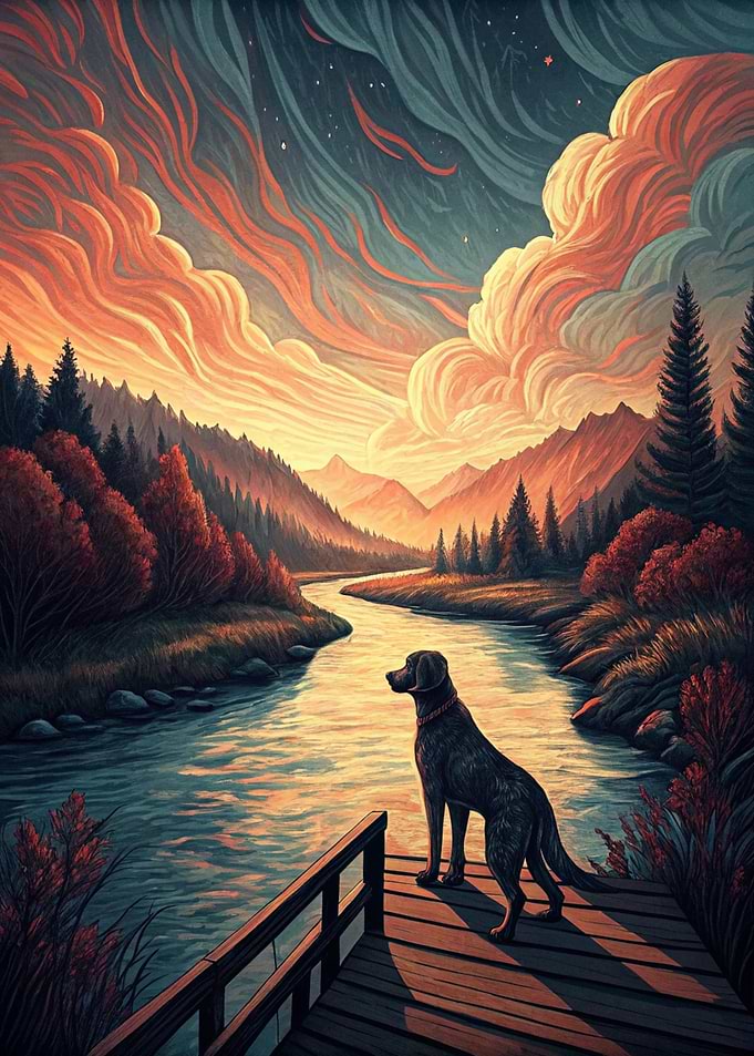 Dog on a dock at sunset