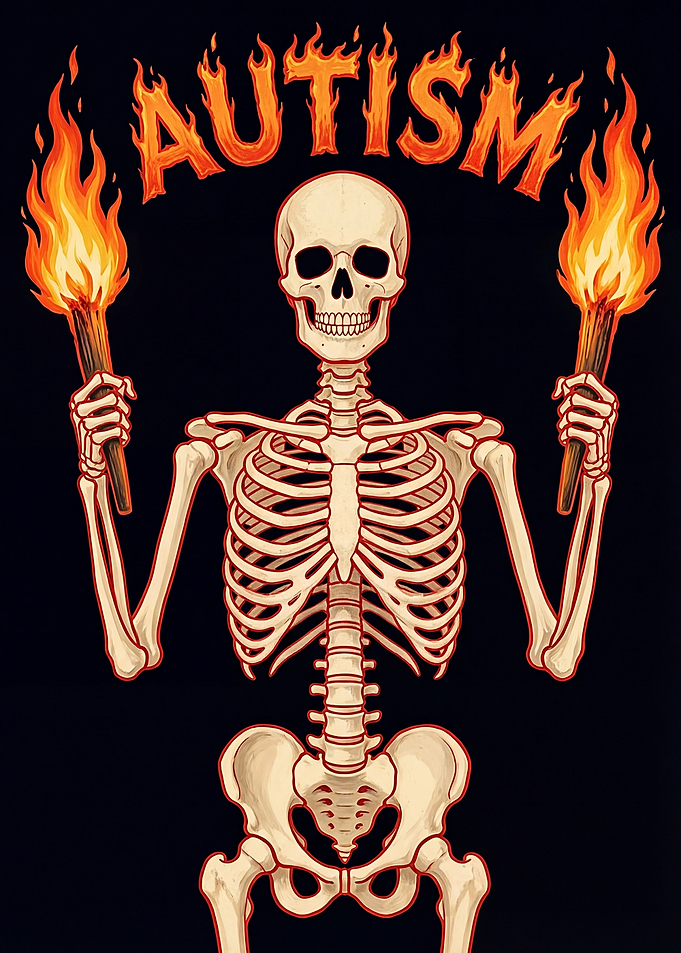 Skeleton holding flaming torches with 'AUTISM' in flames