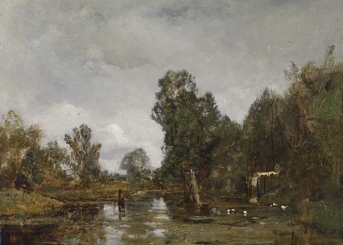 Tranquil River Landscape with Trees and Birds