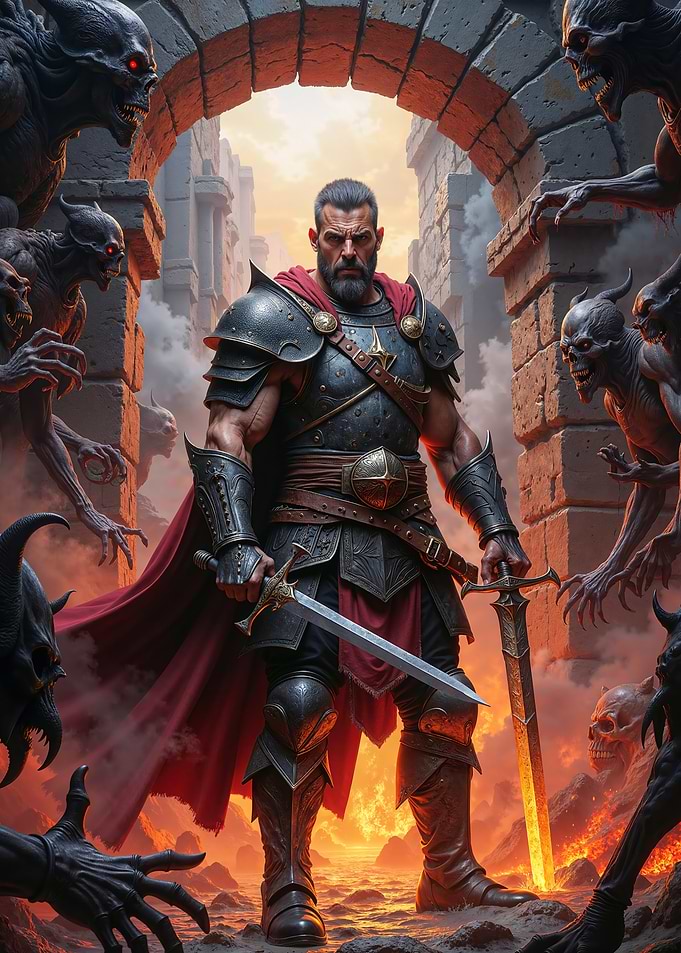 Warrior Knight Fights Demons in Fiery City