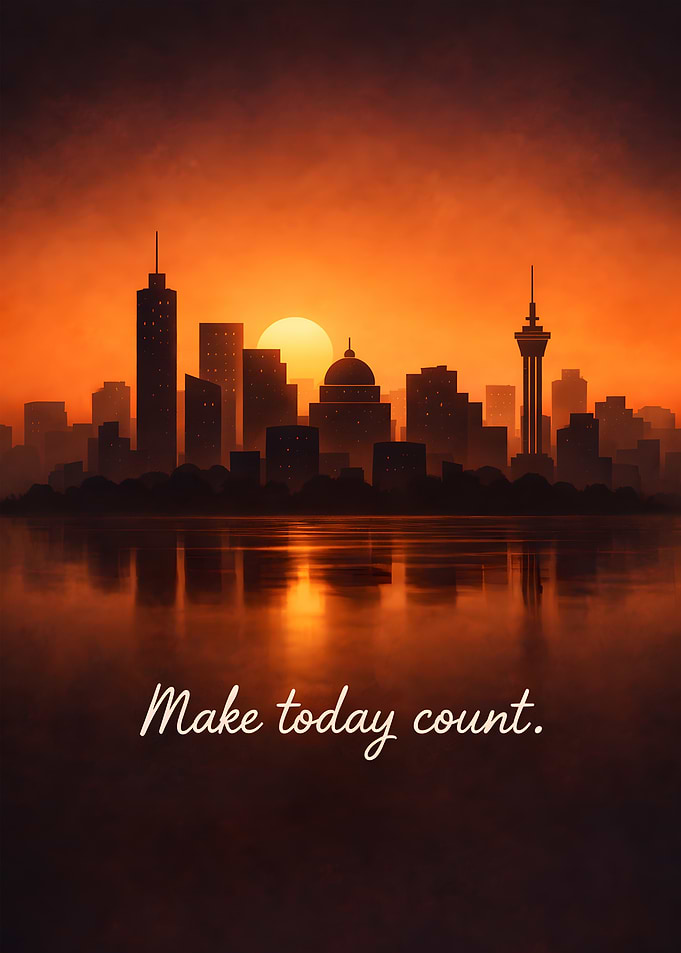 Cityscape at Sunset with Inspirational Quote