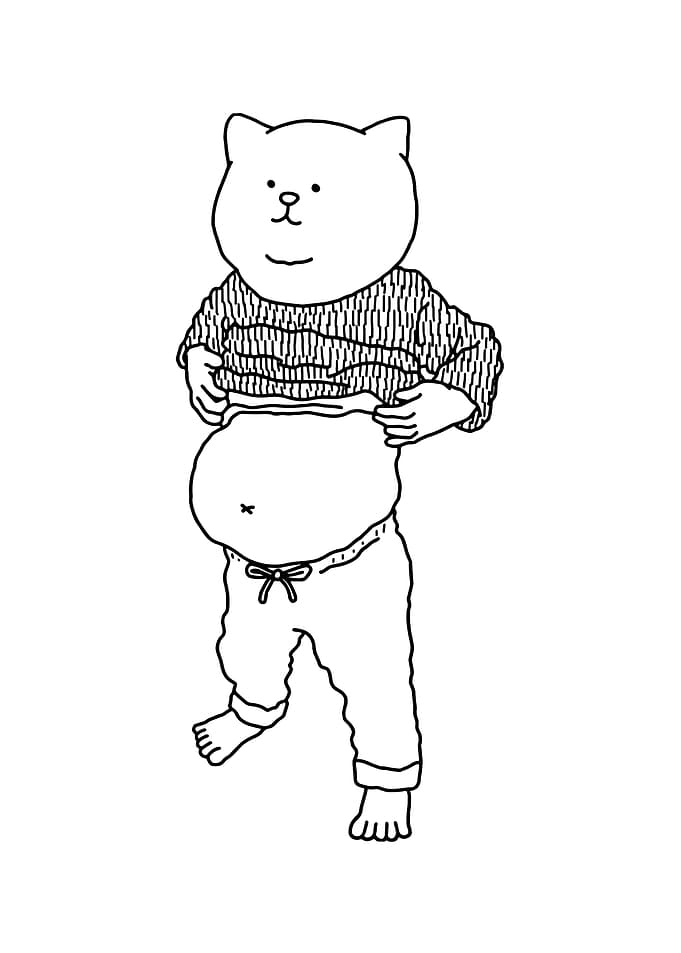 Cat character lifting shirt showing belly
