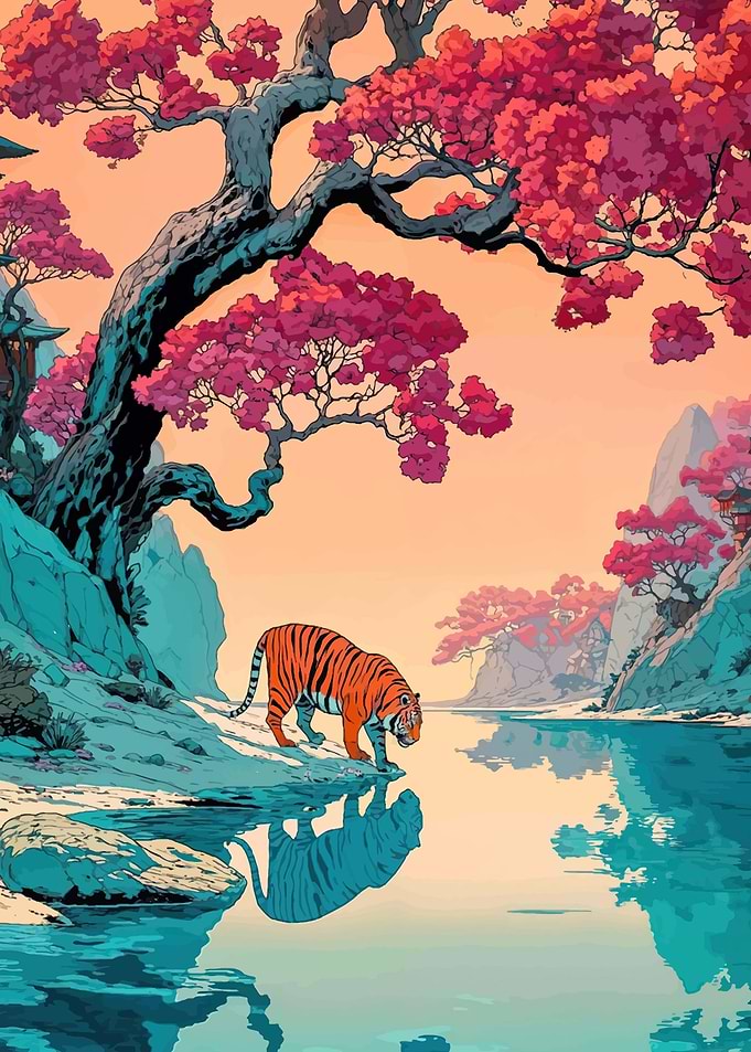 Tiger by a tranquil lake
