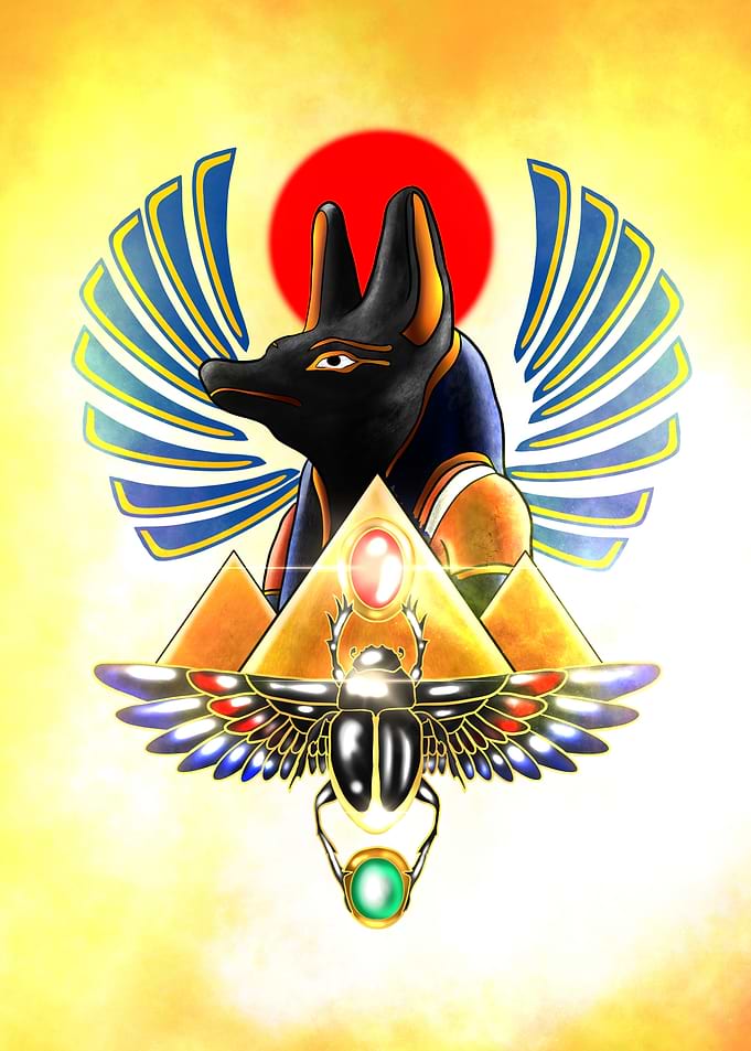 Egyptian Anubis with Pyramids and Scarab