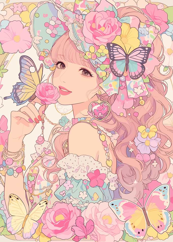 Kawaii Girl with Flowers and Butterflies