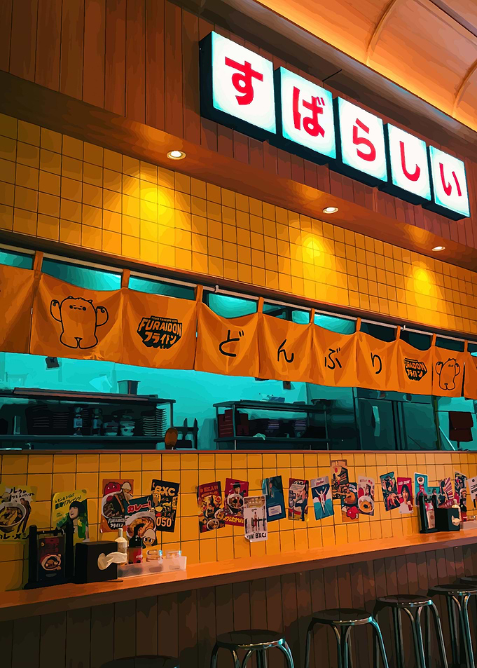 Japanese Restaurant Interior with Noren Curtains