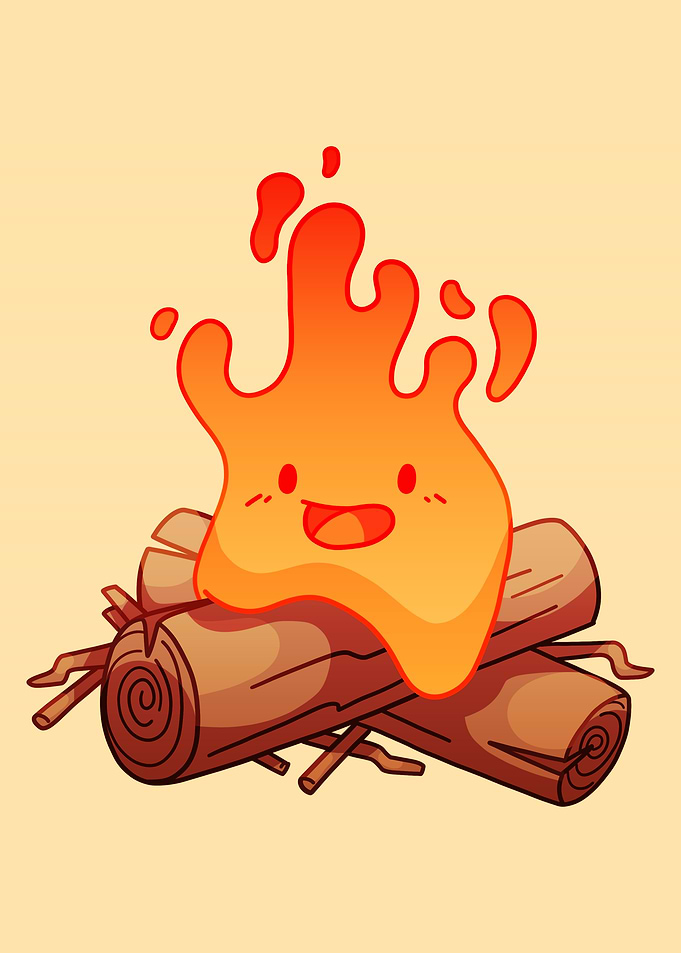 Cute Fire Character on Campfire Logs