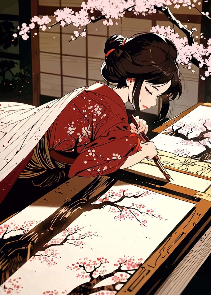 Japanese Woman Painting Cherry Blossoms