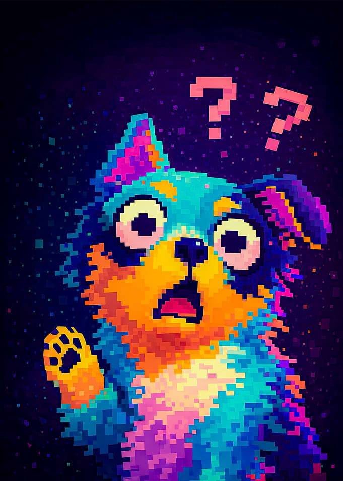 Pixelated Dog with Question Marks