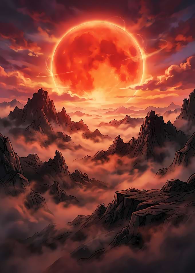 Crimson Moon Over Mountain Peaks