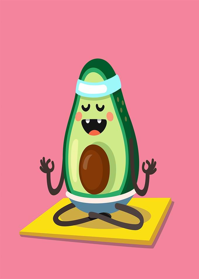 Avocado doing yoga on a mat