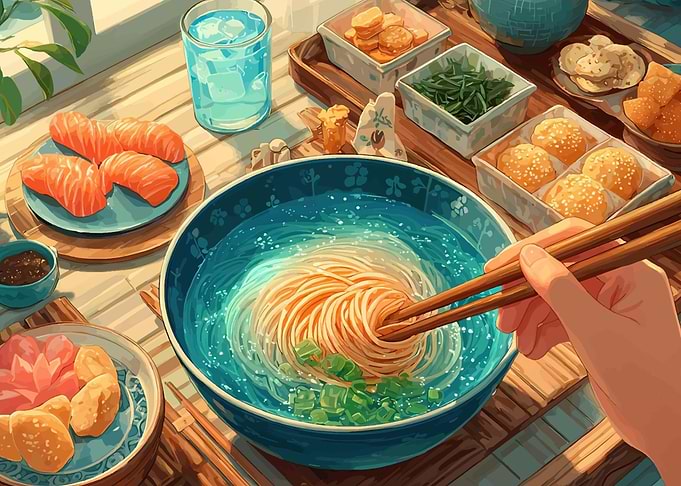 Japanese Meal with Noodles and Salmon