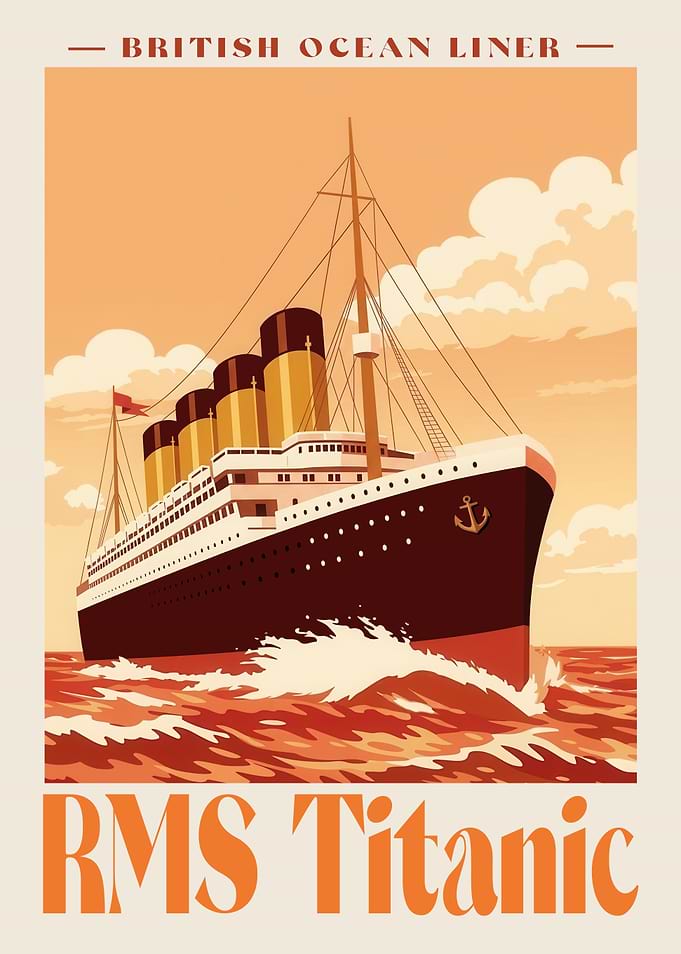 RMS Titanic British Ocean Liner – Retro Vintage Minimalist Flat Design Poster Illustration