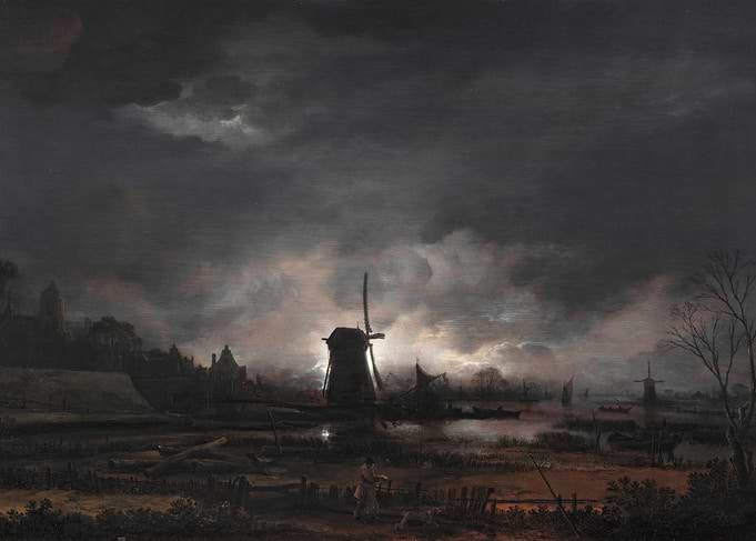 Night landscape with windmills and boats