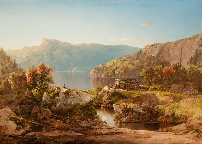 Serene Mountain Lake Landscape with Cabin